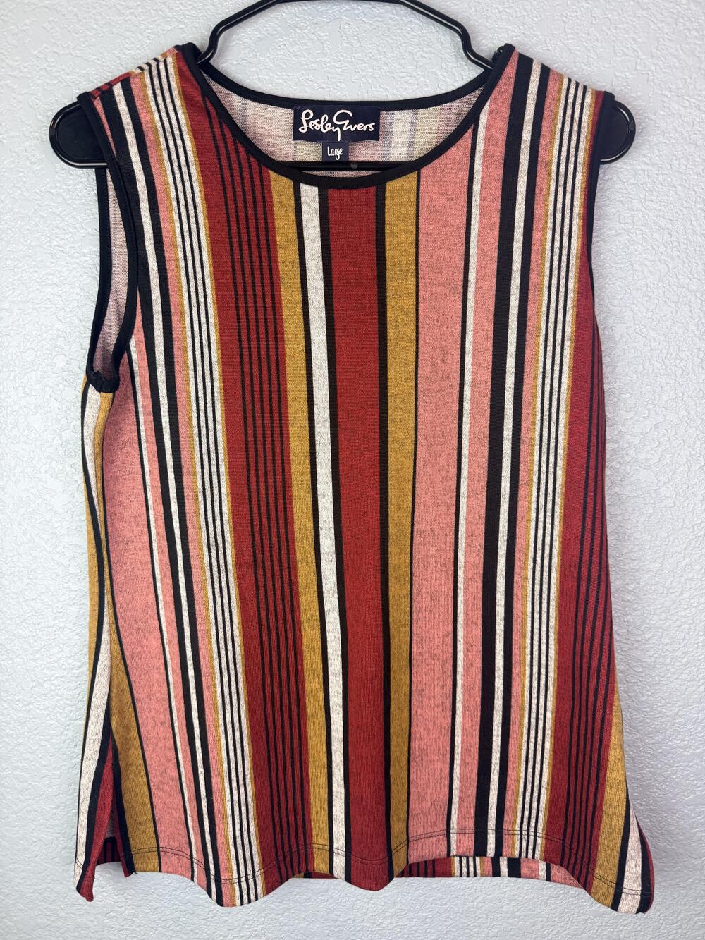 Lesley Evers Evelyn Tank Top Womens Large Burgundy Pink Stripe Knit Made USA